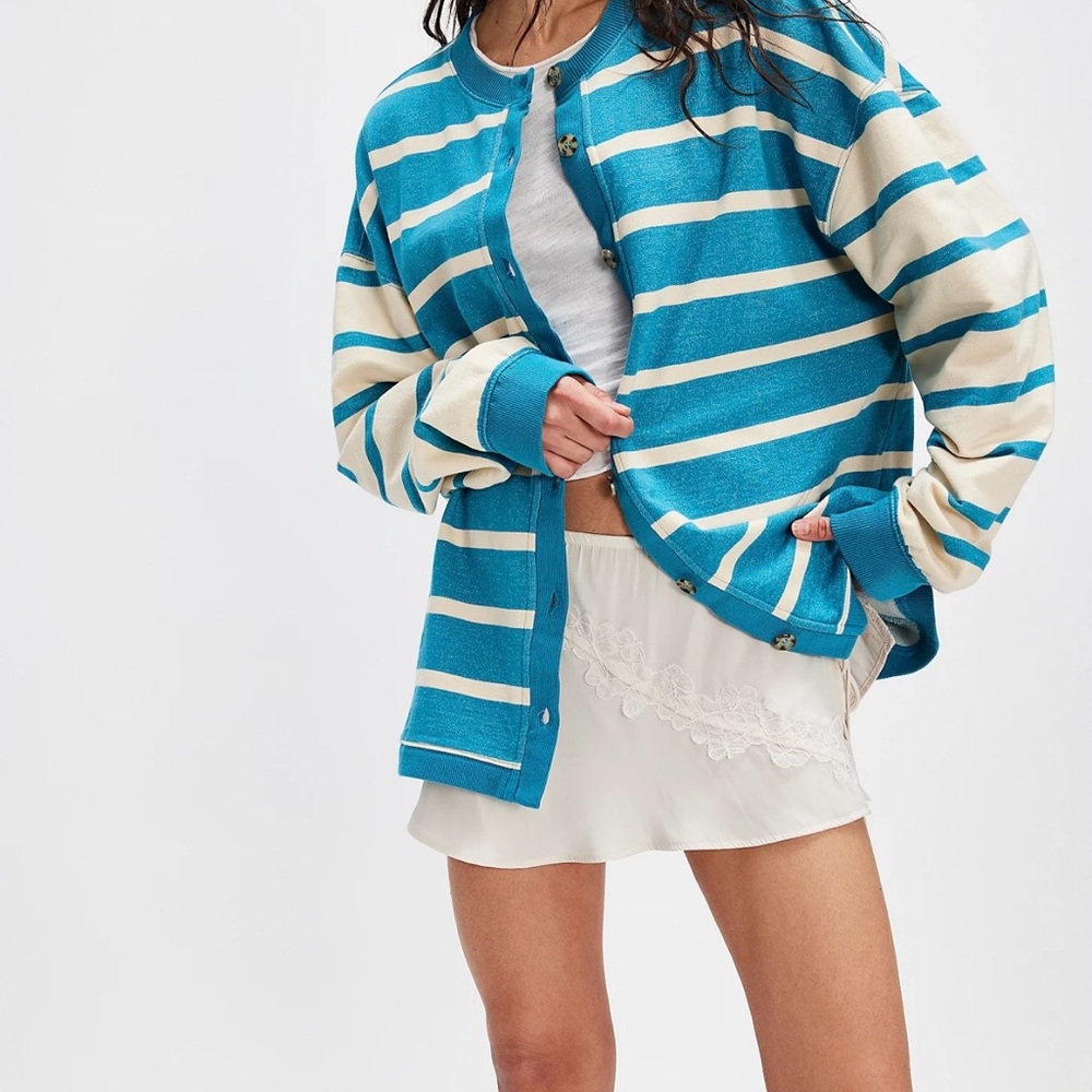 Free People Teal and Cream Striped Cardigan